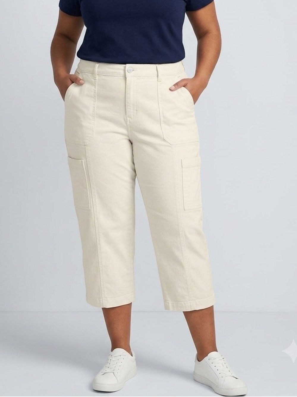 LANDS END Cream Cargo Denim Capri Pants Size 26W
